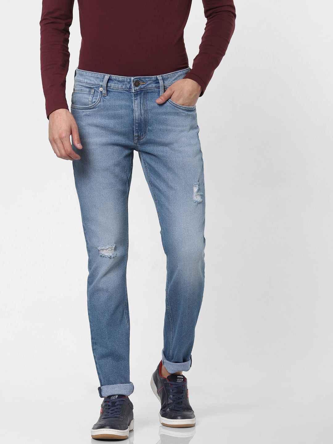 Blue Low Rise Glenn Distressed Slim Fit Jeans