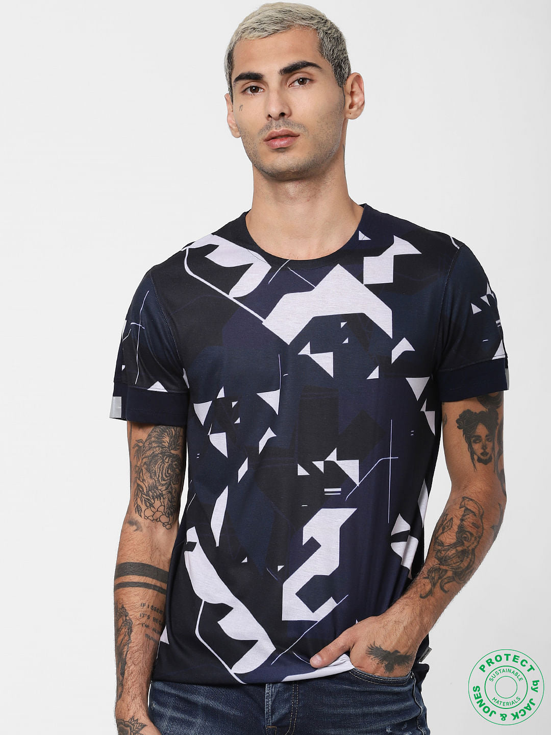 Navy Blue Geometric Print Crew Neck T-shirt - S
