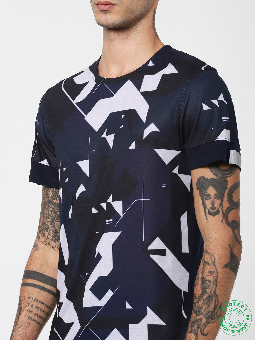Navy Blue Geometric Print Crew Neck T-shirt