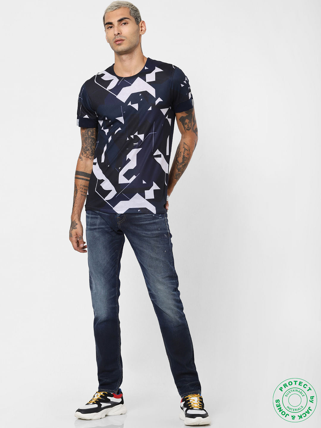 Navy Blue Geometric Print Crew Neck T-shirt