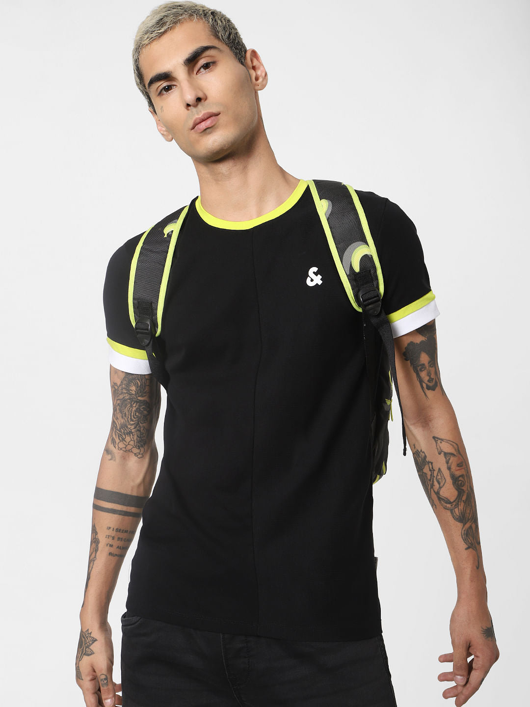 Black Contrast Tipping Crew Neck T-shirt - S