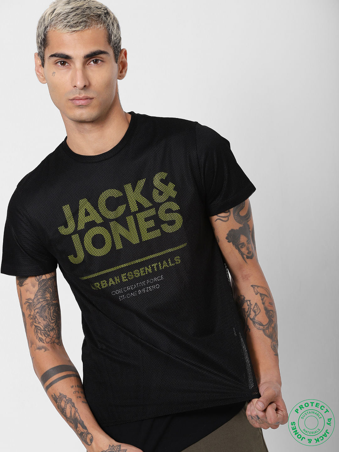 Black Mesh Detail Crew Neck T-shirt - S