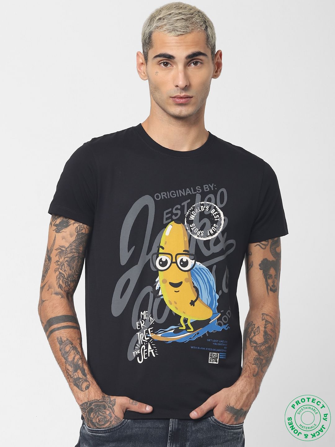 Black Graphic Print Crew Neck T-shirt - S