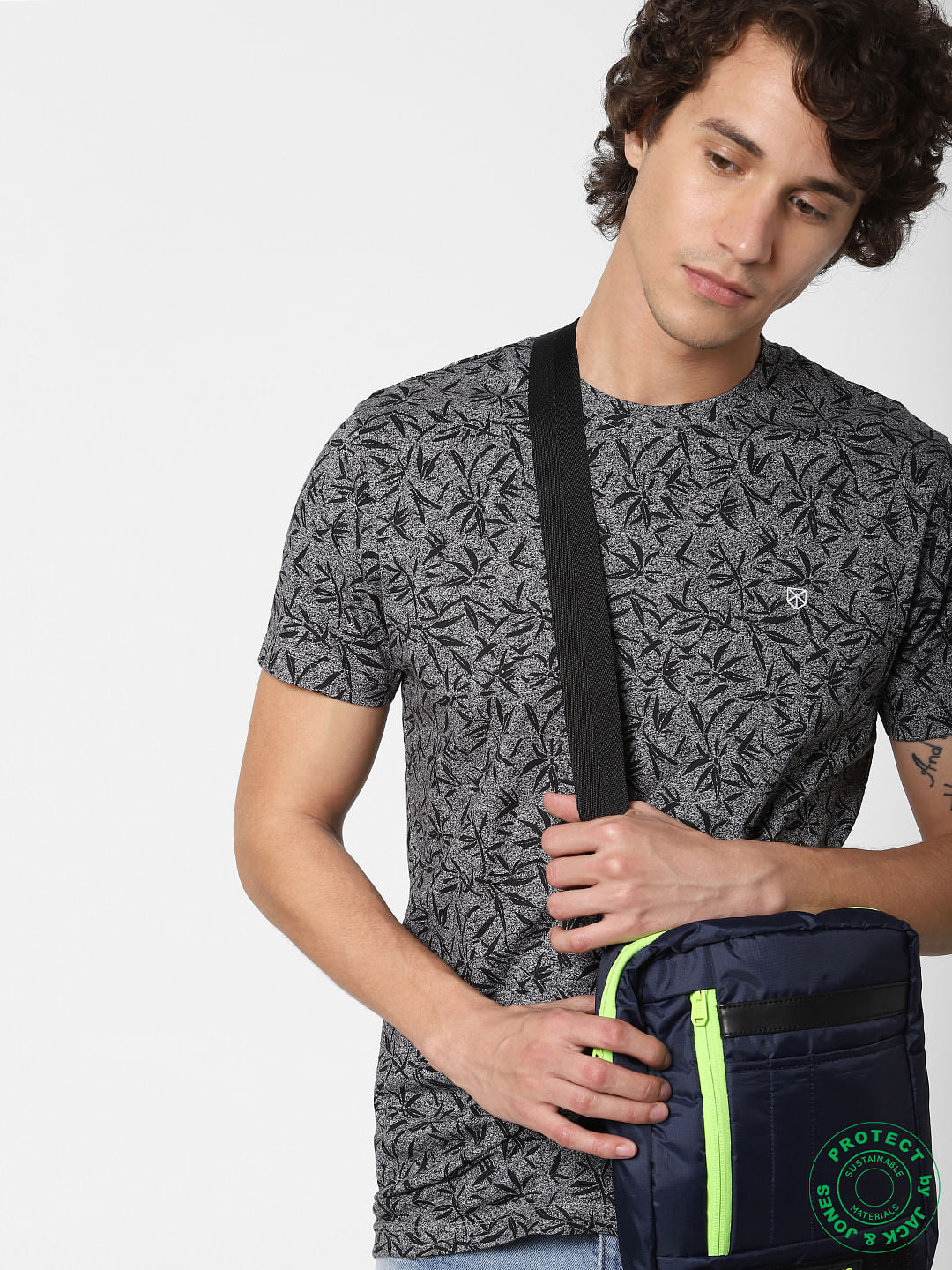 Black All Over Print Crew Neck T-Shirt - S