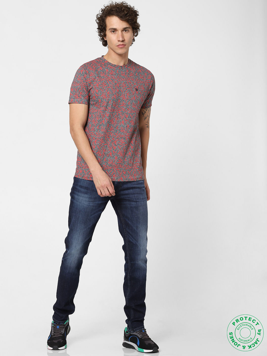 Grey All Over Print Crew Neck T-shirt - S