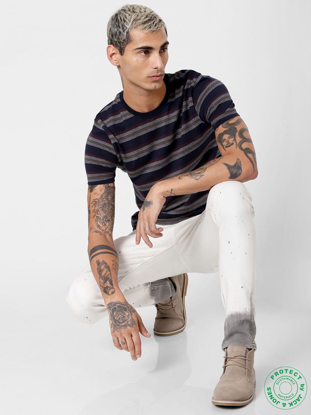 Navy Blue Striped Jacquard T-shirt - S