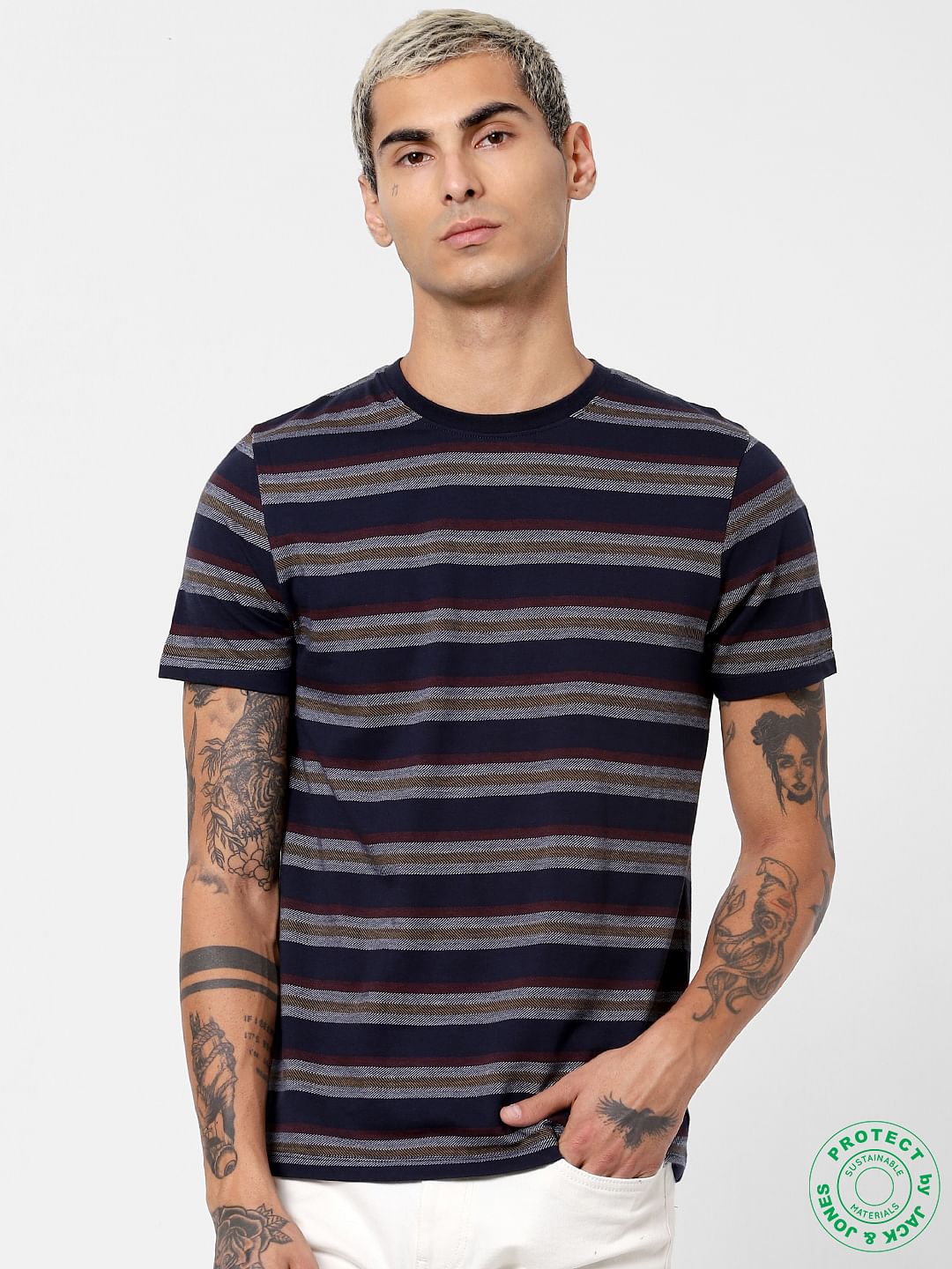 Navy Blue Striped Jacquard T-shirt