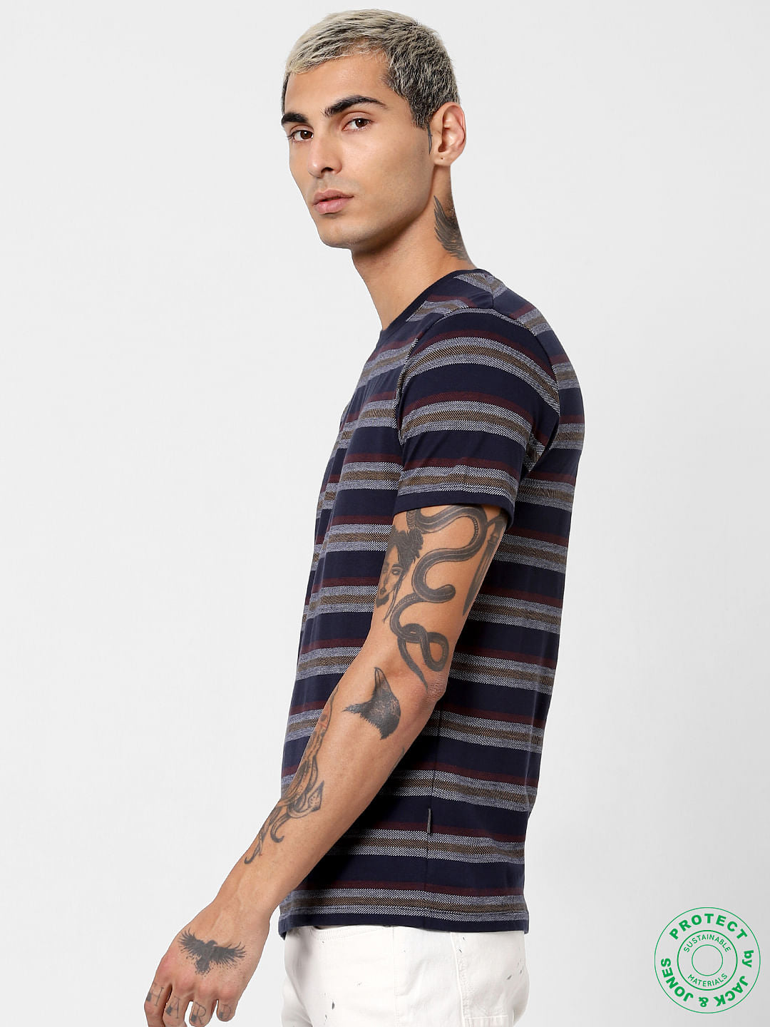 Navy Blue Striped Jacquard T-shirt