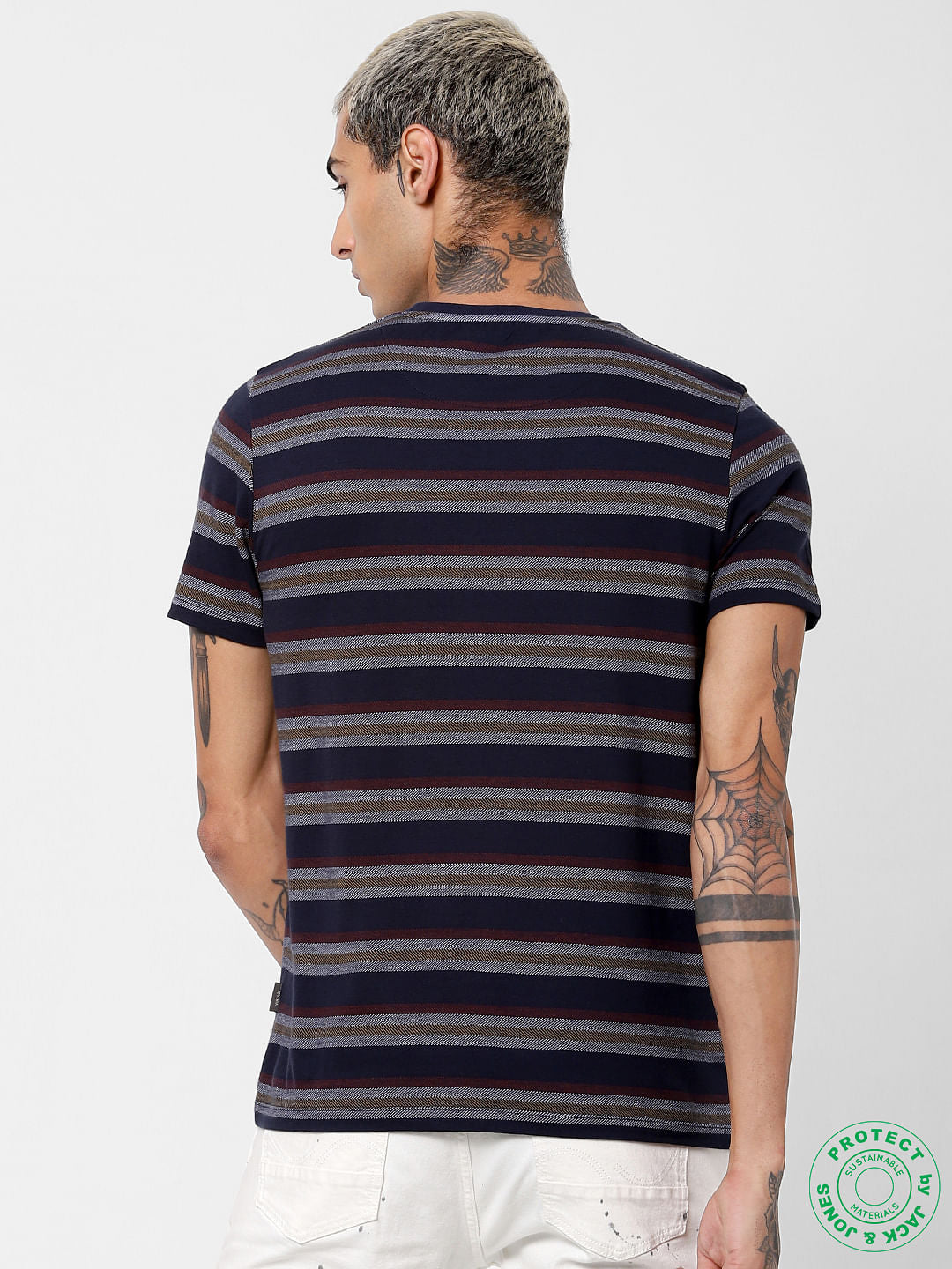 Navy Blue Striped Jacquard T-shirt