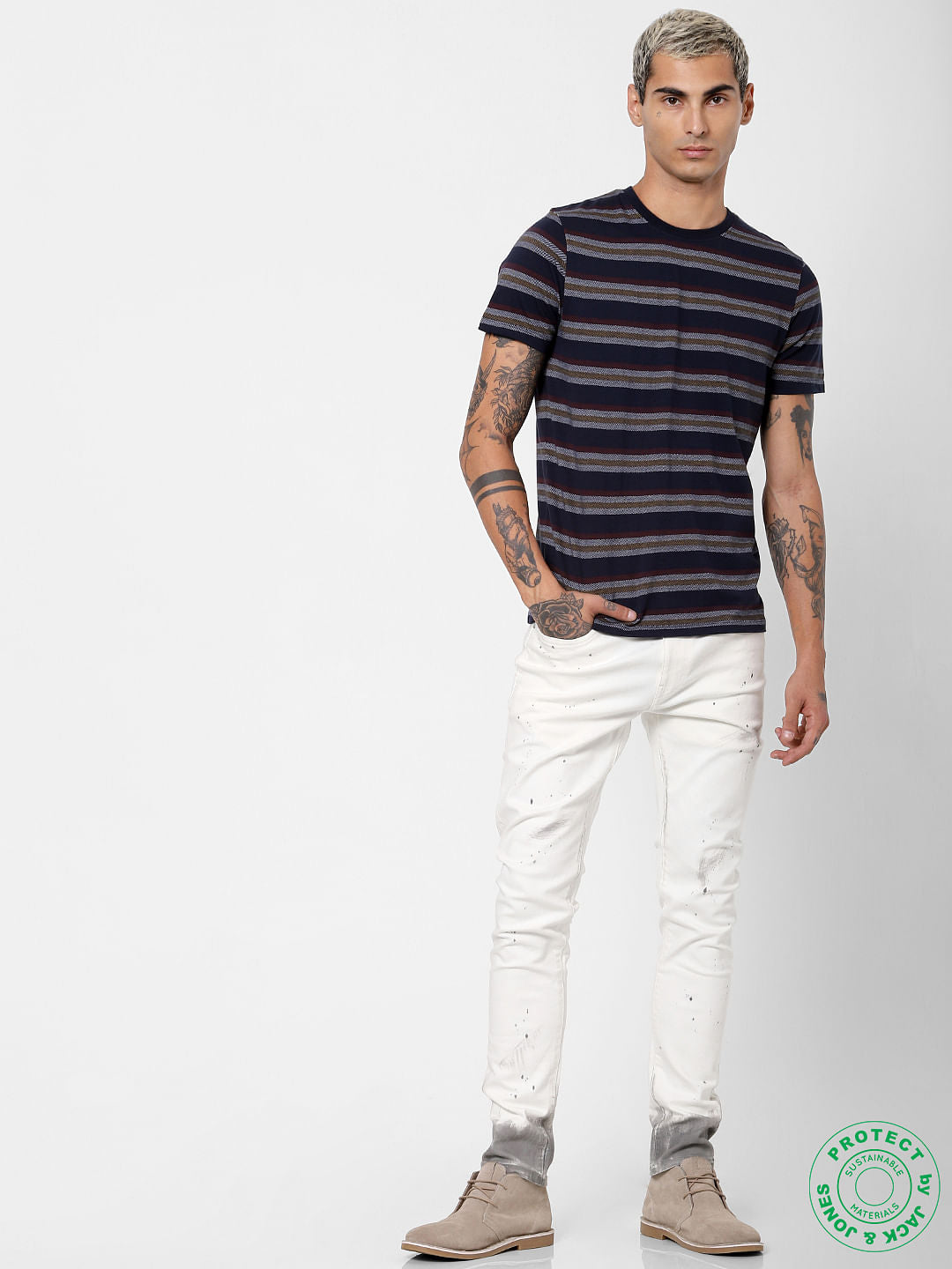 Navy Blue Striped Jacquard T-shirt