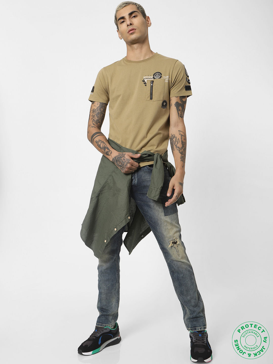 Brown Printed Washed Crew Neck T-shirt