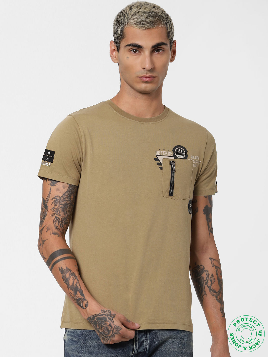 Brown Printed Washed Crew Neck T-shirt