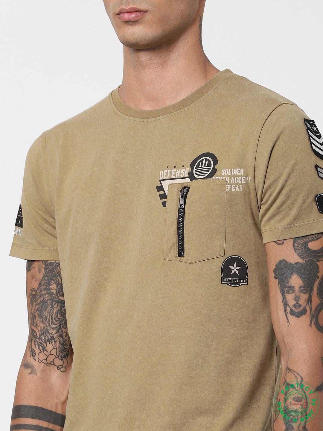 Brown Printed Washed Crew Neck T-shirt