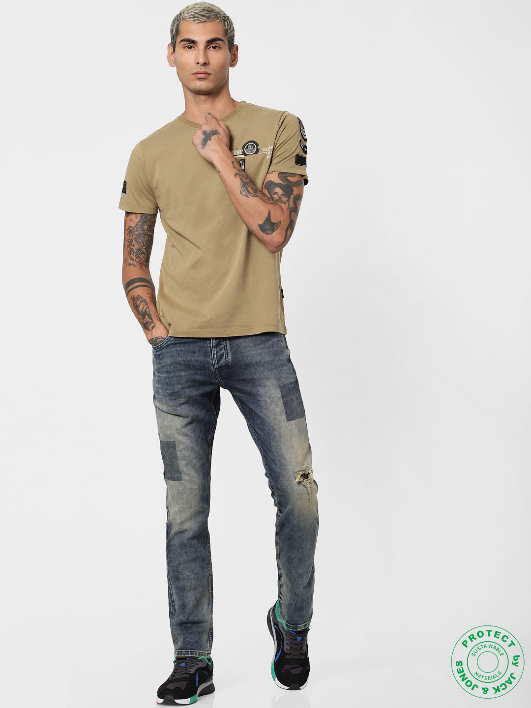 Brown Printed Washed Crew Neck T-shirt