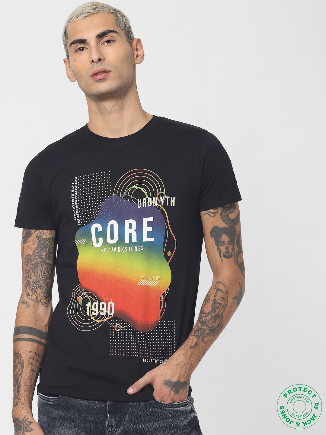 Black Logo Print Crew Neck T-shirt - S