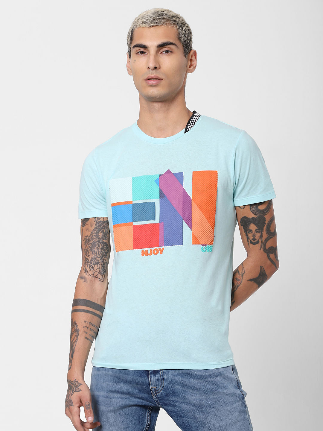 Blue Textured Print Crew Neck T-shirt