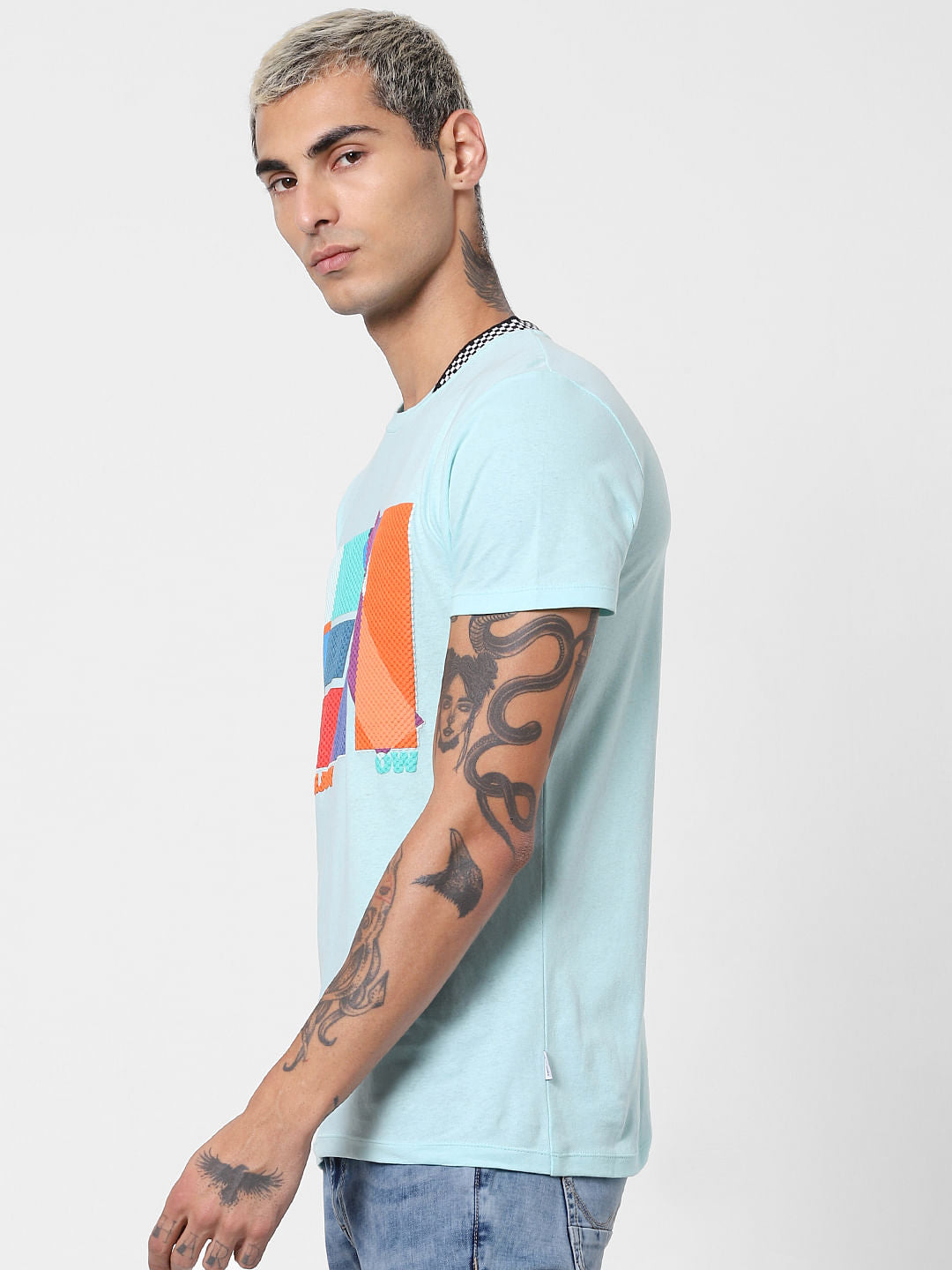 Blue Textured Print Crew Neck T-shirt