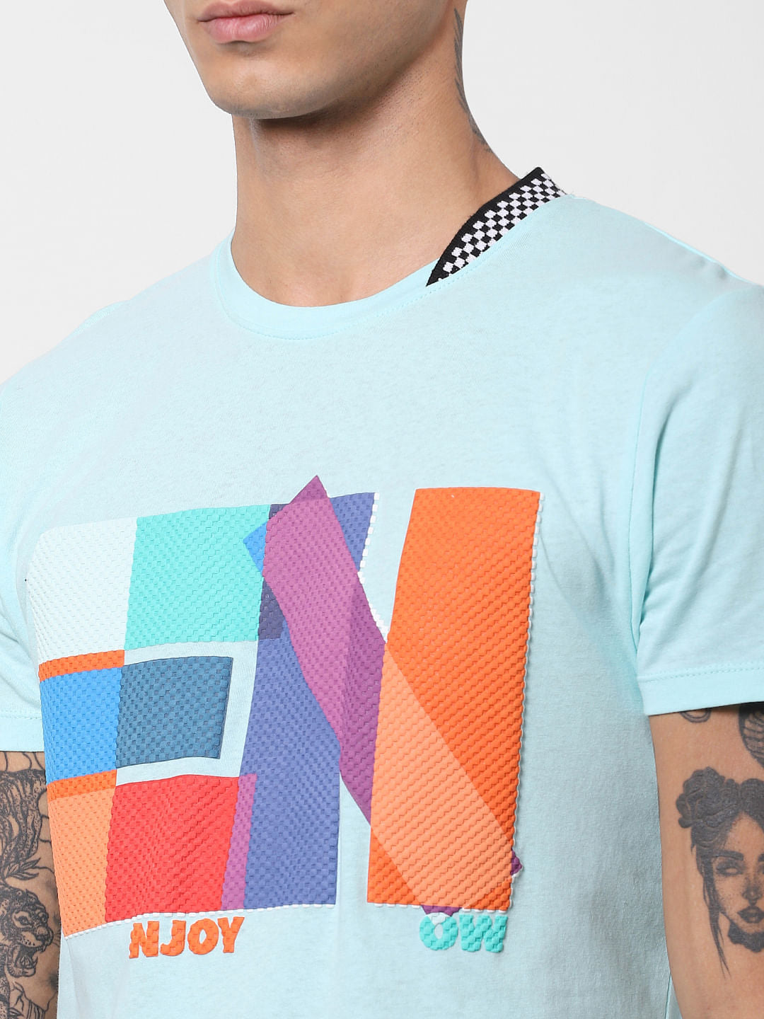 Blue Textured Print Crew Neck T-shirt