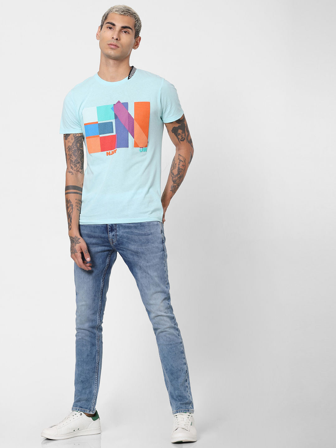 Blue Textured Print Crew Neck T-shirt