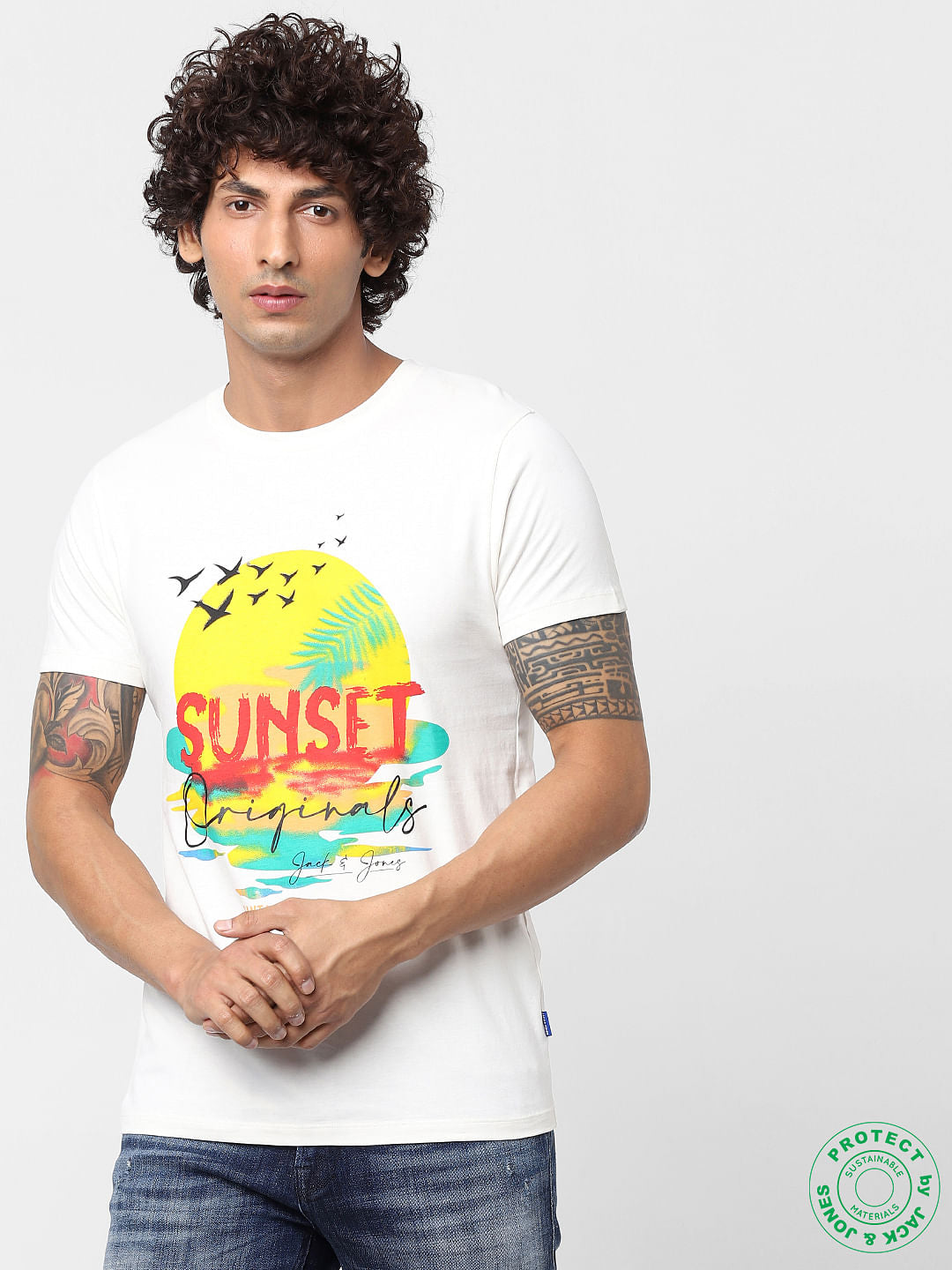 White Sunset Graphic Print Crew Neck T-shirt - S