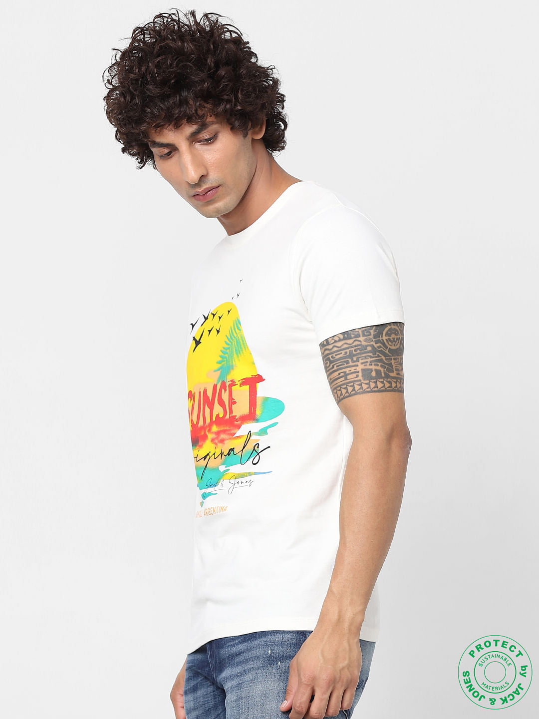 White Sunset Graphic Print Crew Neck T-shirt