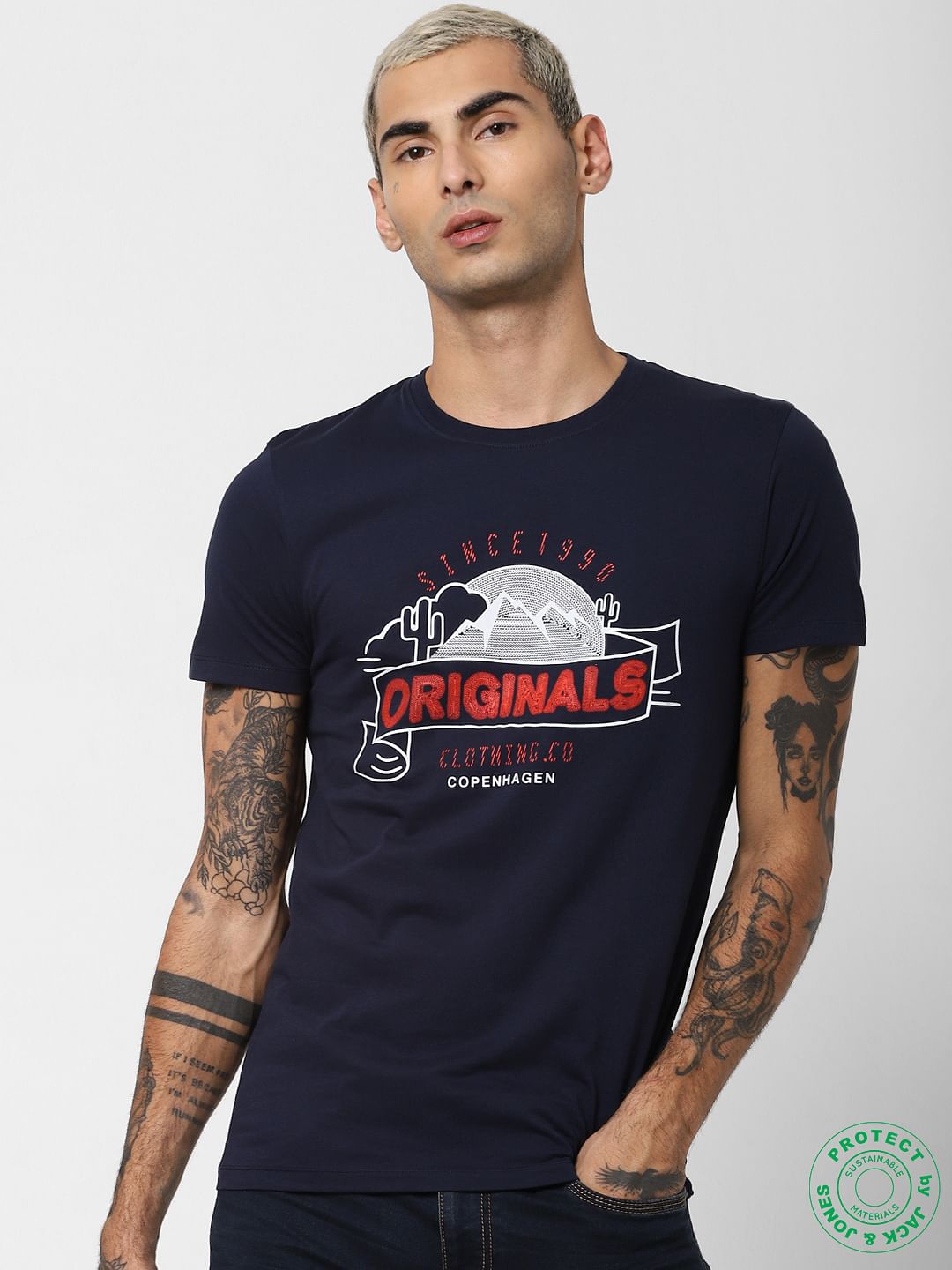 Navy Blue Logo Print Crew Neck T-shirt - S