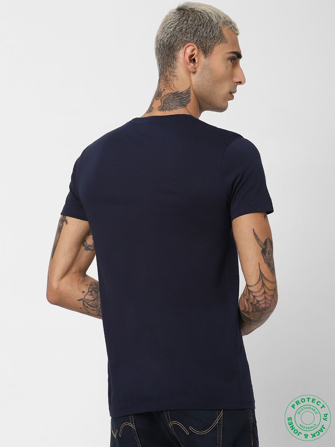 Navy Blue Logo Print Crew Neck T-shirt