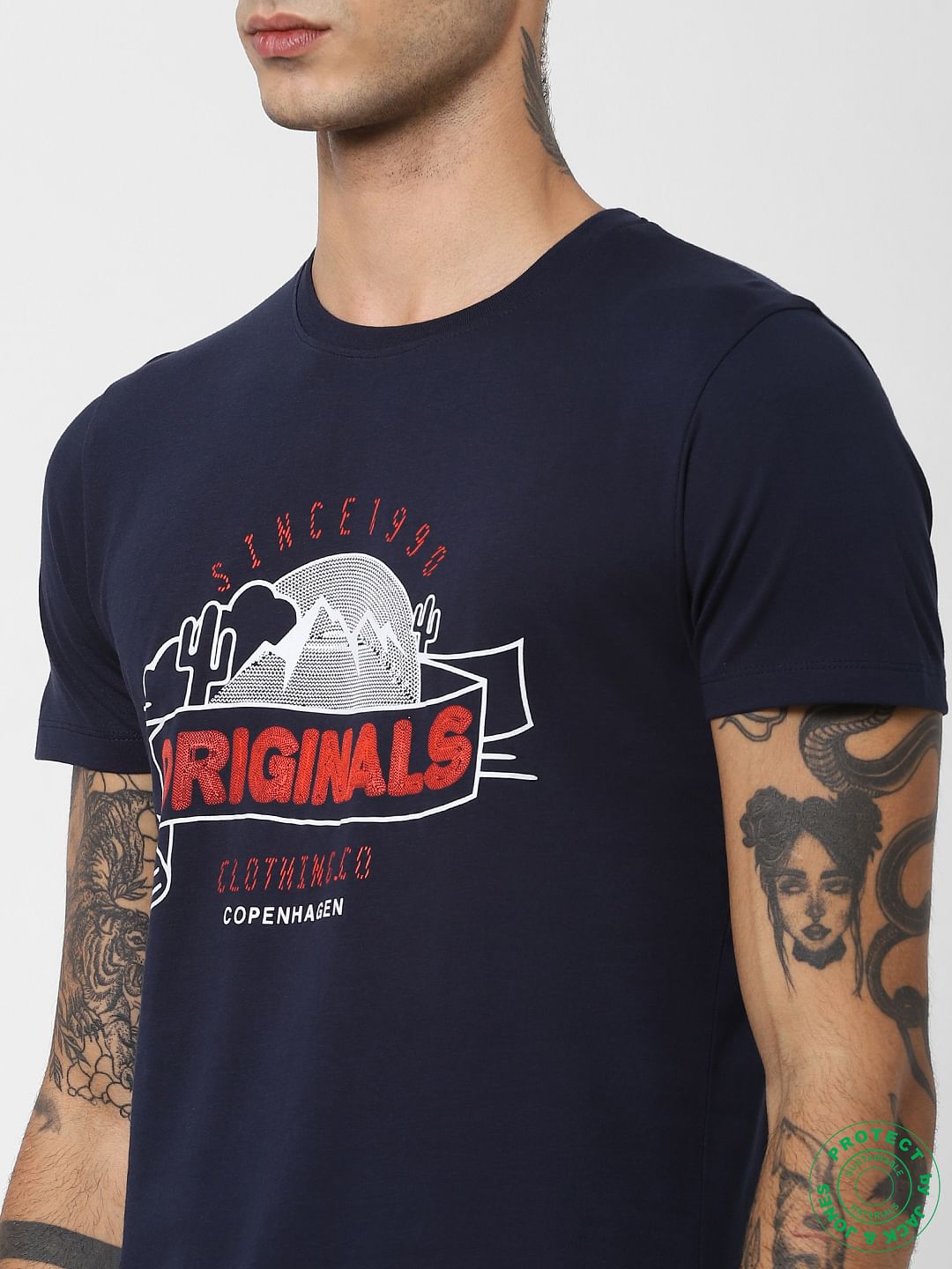 Navy Blue Logo Print Crew Neck T-shirt