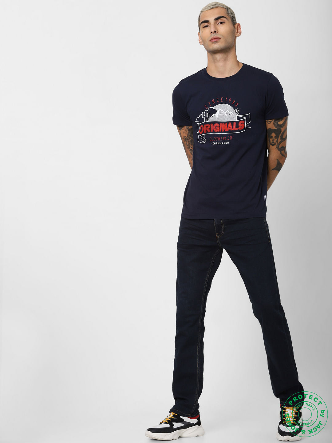Navy Blue Logo Print Crew Neck T-shirt