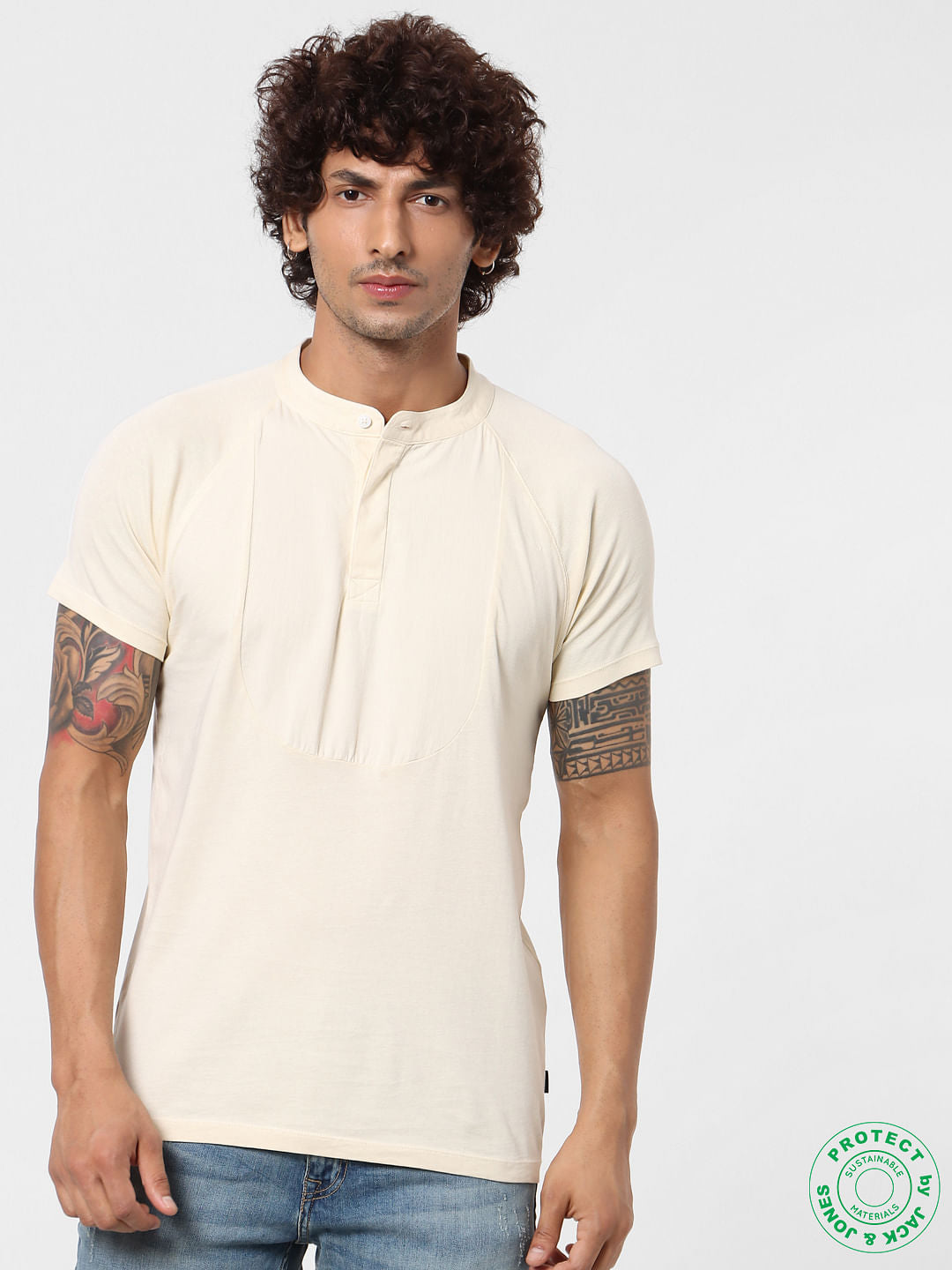 White Short Sleeves Henley Neck T-shirt - S