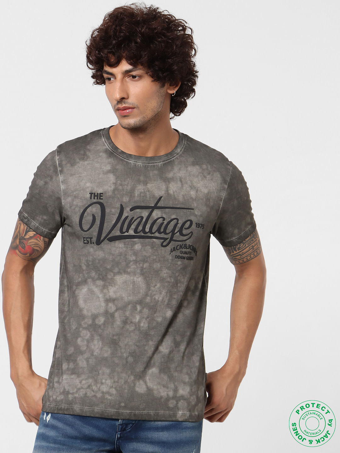 Grey Text Print Crew Neck T-shirt - S