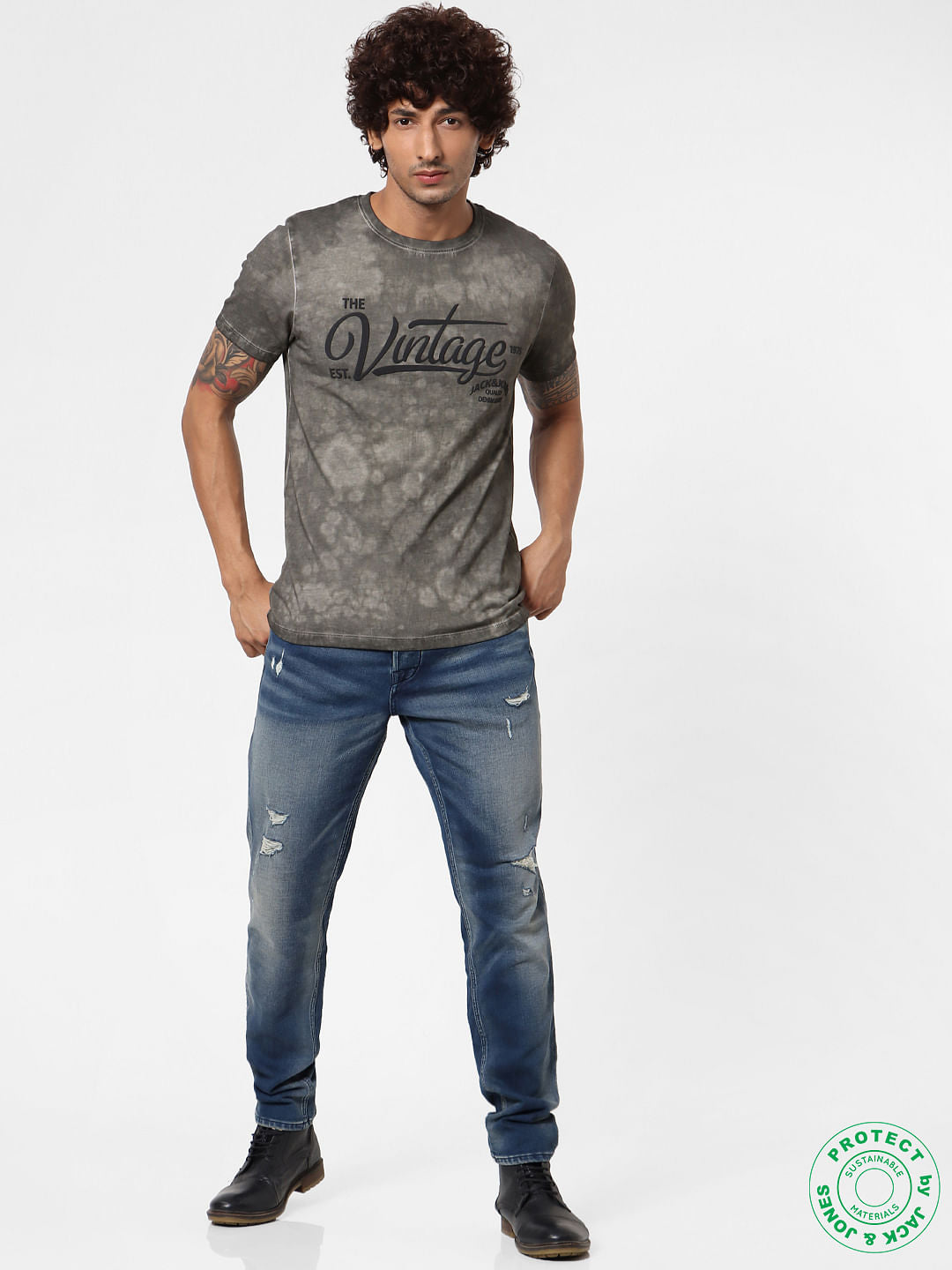 Grey Text Print Crew Neck T-shirt