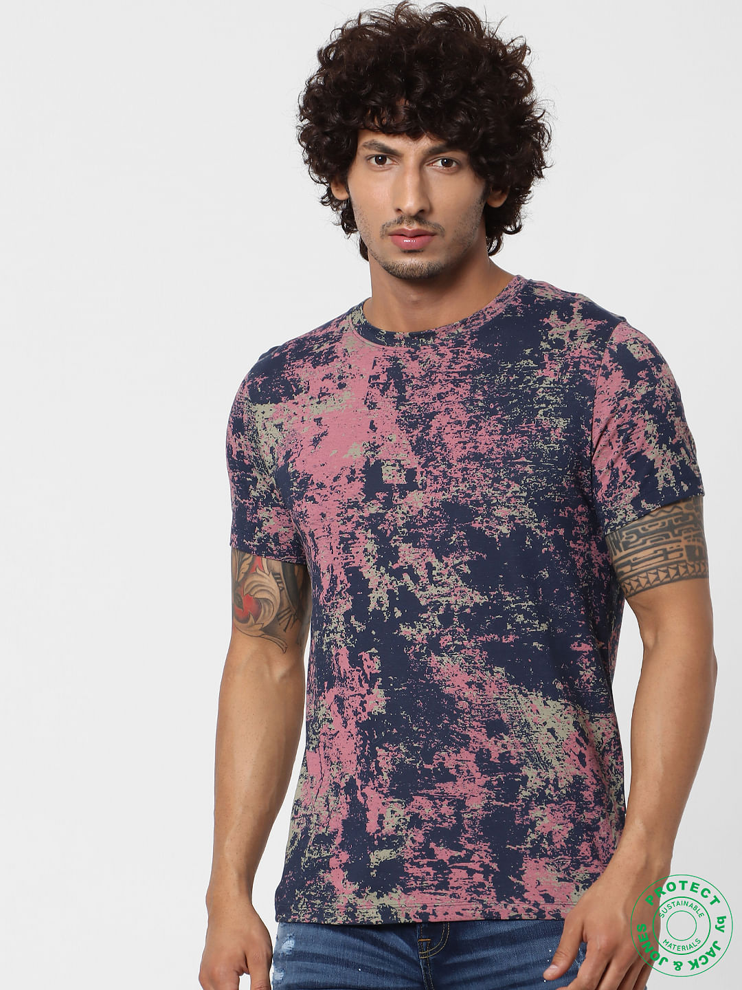 Blue Abstract Print Crew Neck T-shirt - S