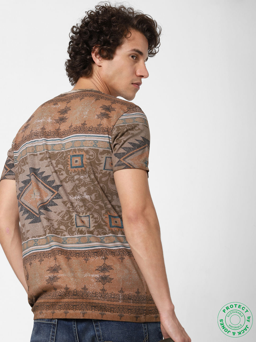 Brown Abstract Print Crew Neck T-shirt - S