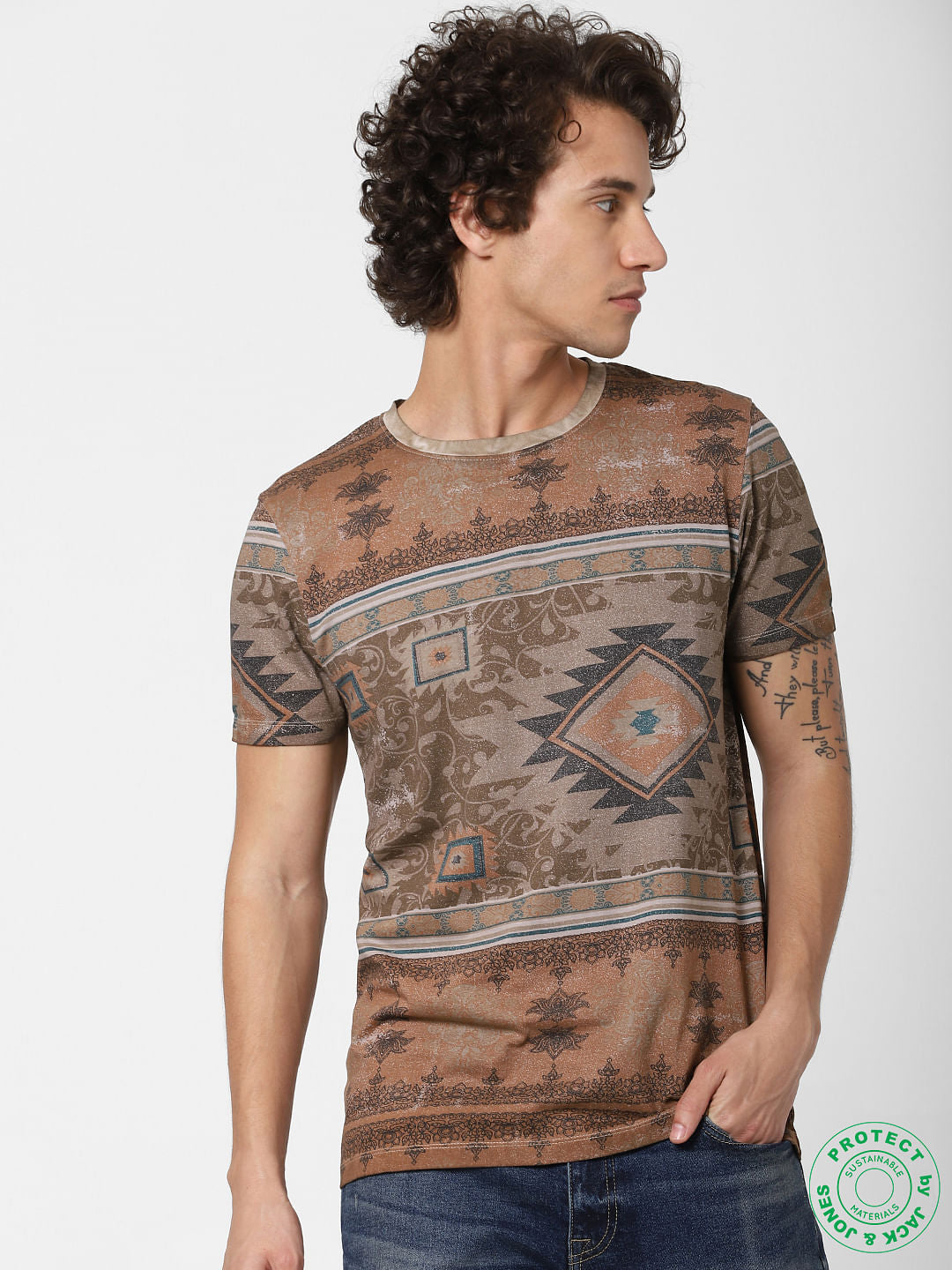 Brown Abstract Print Crew Neck T-shirt