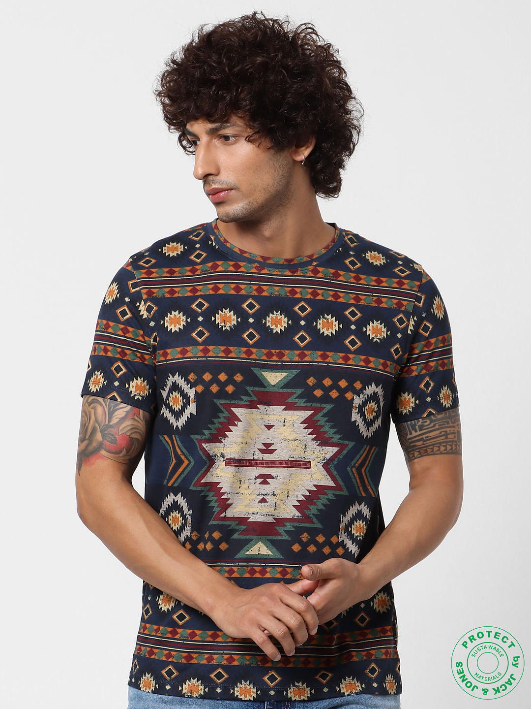 Navy Blue All Over Print Crew Neck T-Shirt - S