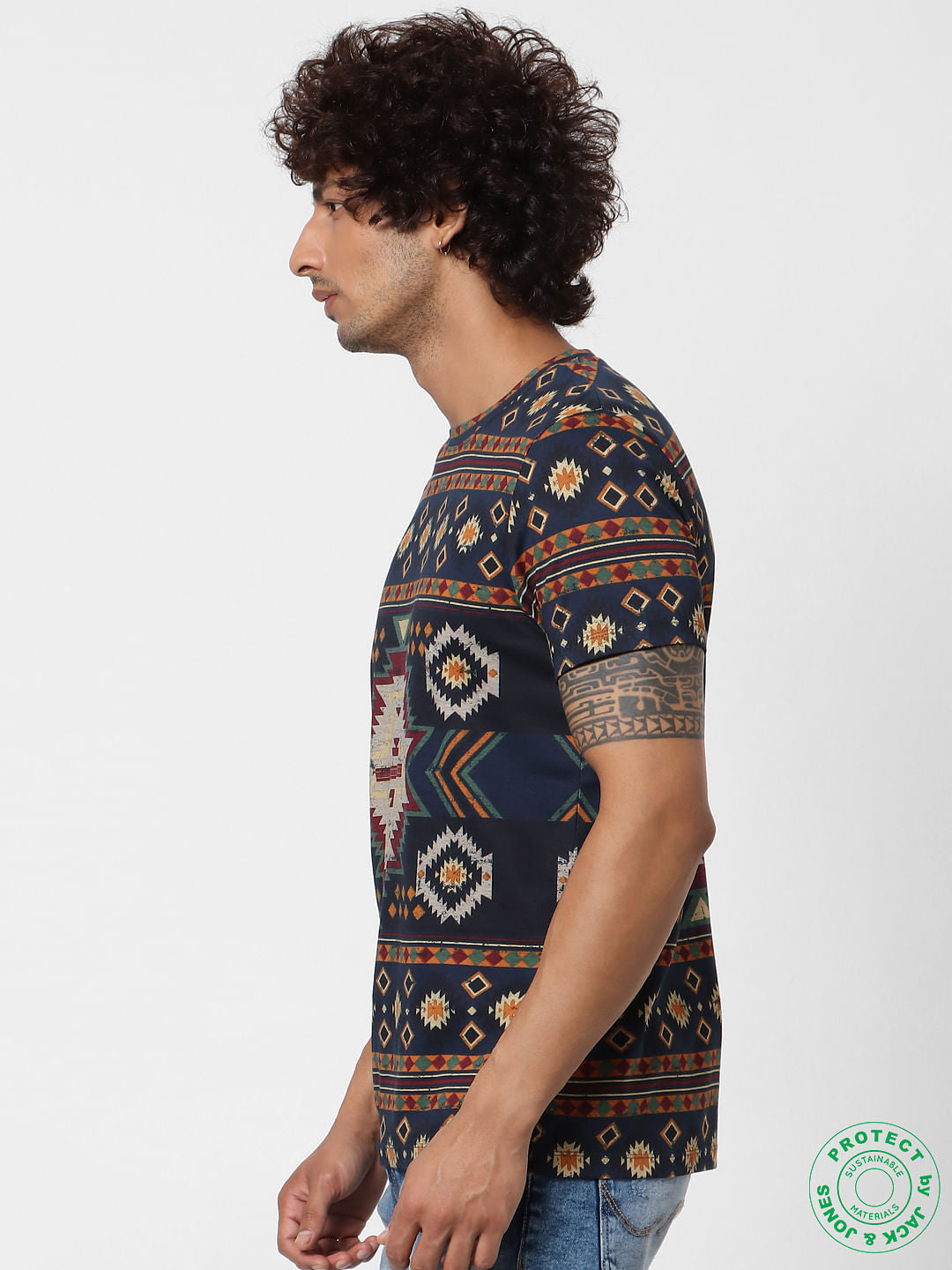 Navy Blue All Over Print Crew Neck T-Shirt