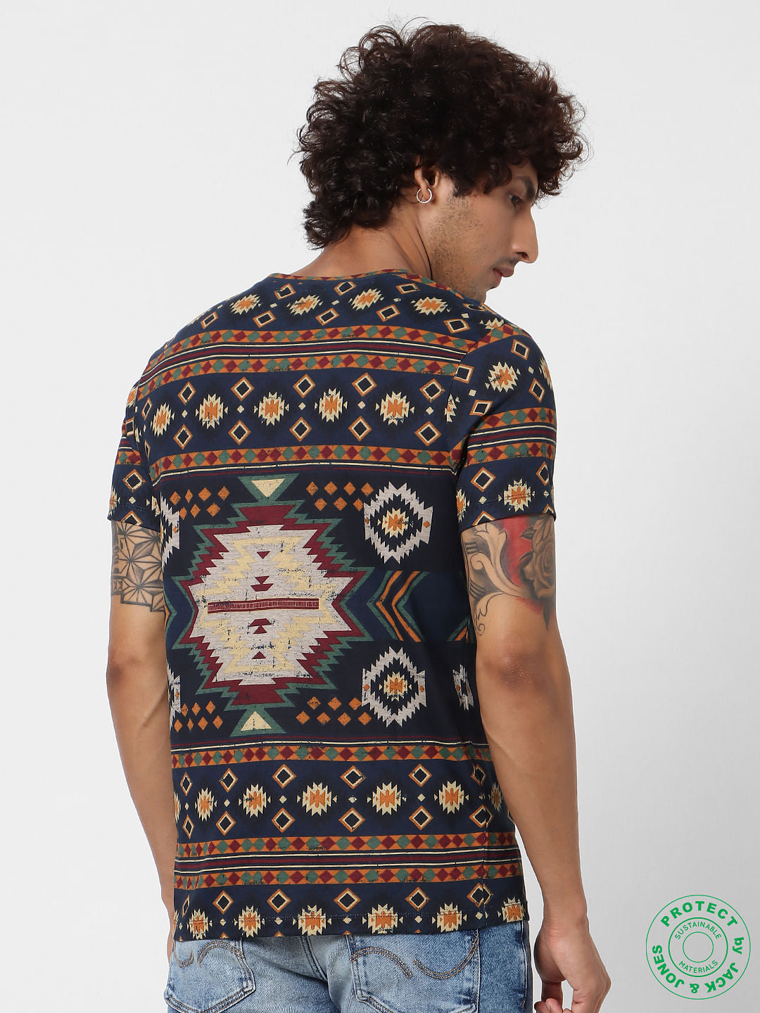 Navy Blue All Over Print Crew Neck T-Shirt