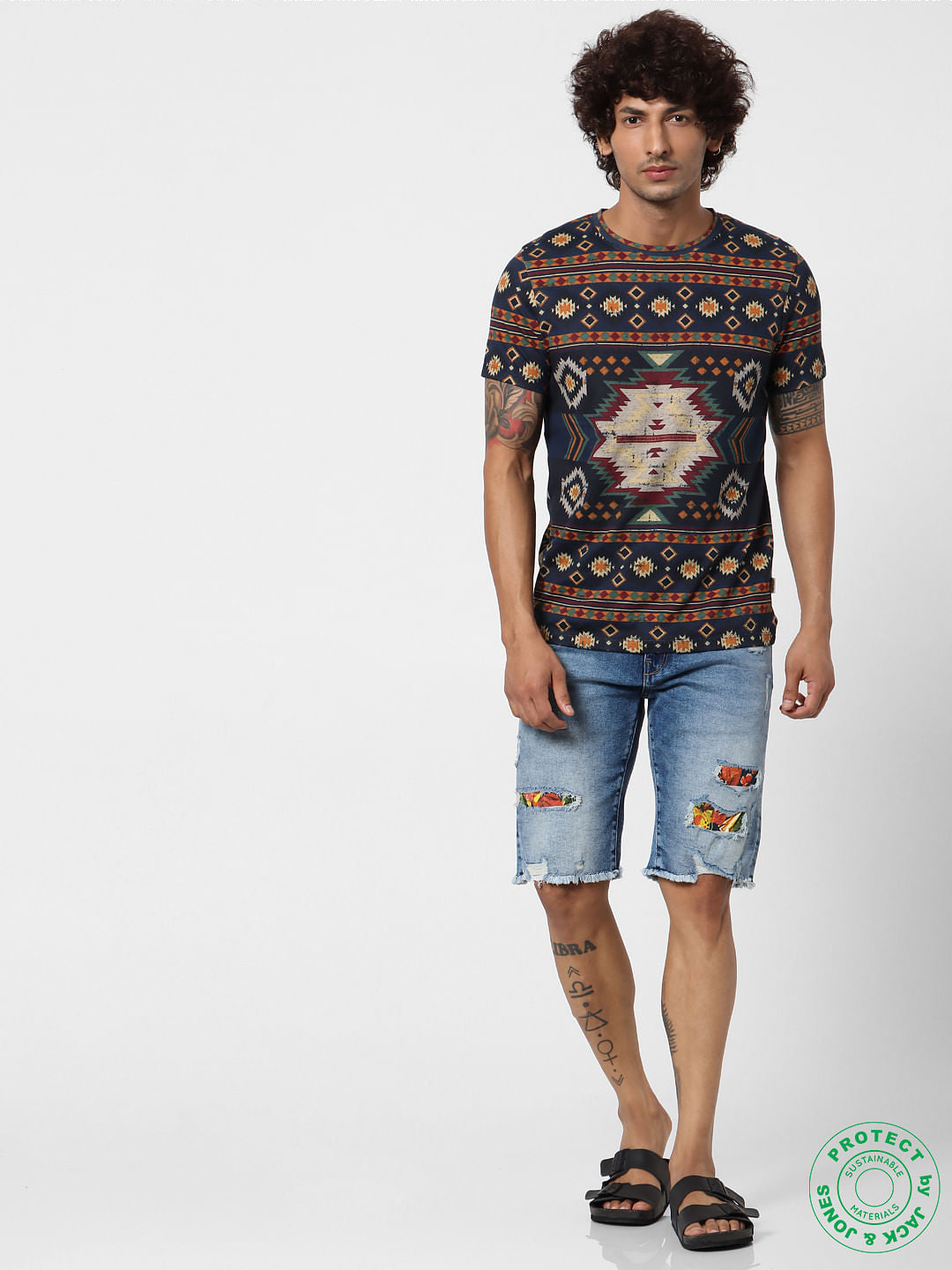 Navy Blue All Over Print Crew Neck T-Shirt
