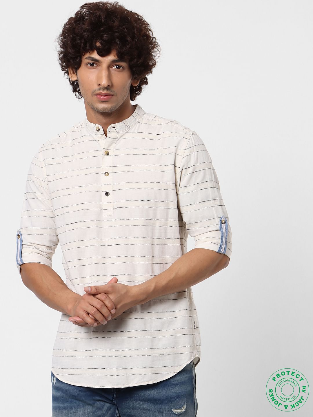 Beige Full Sleeves Striped Linen Shirt - S