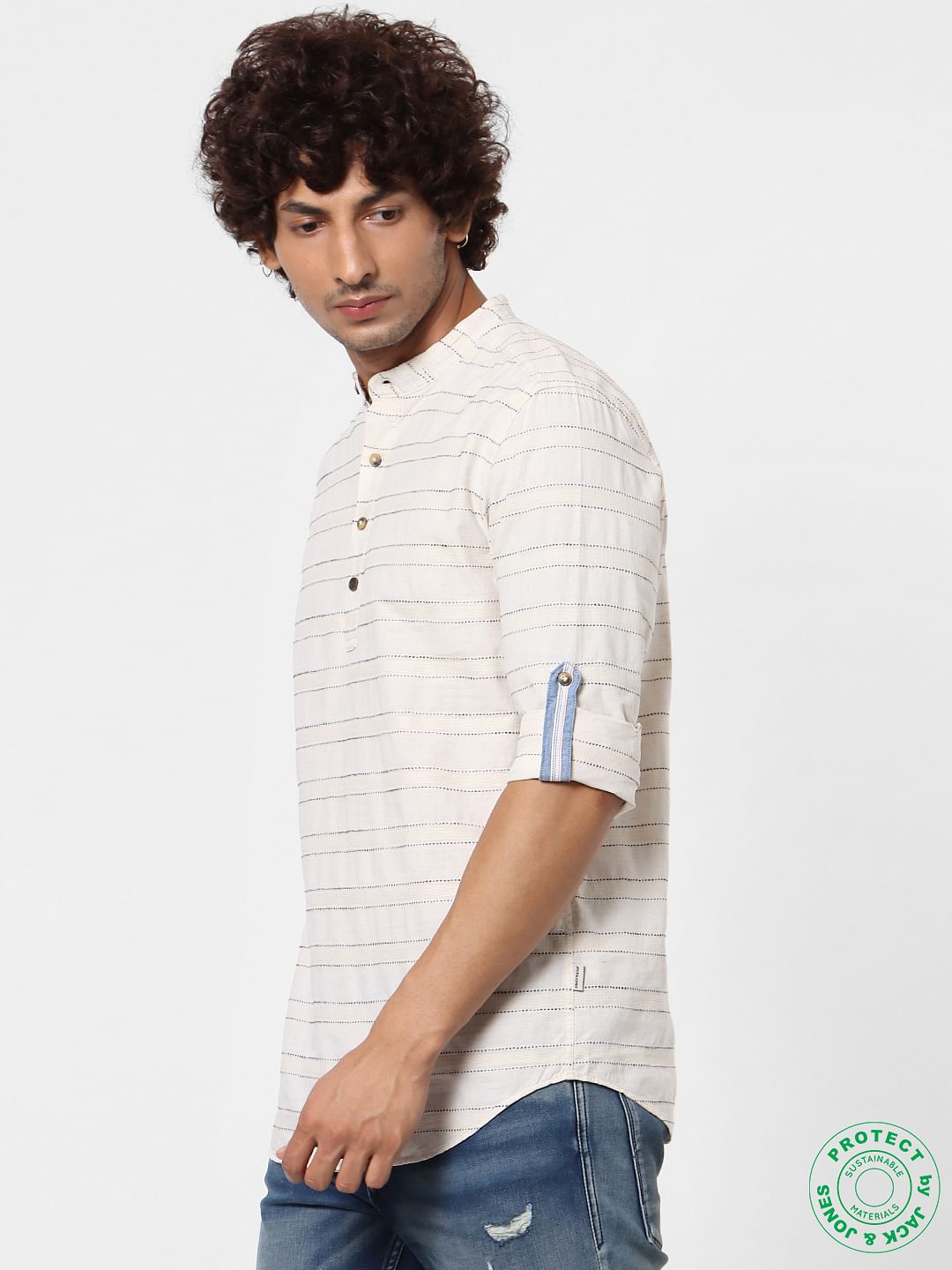 Beige Full Sleeves Striped Linen Shirt