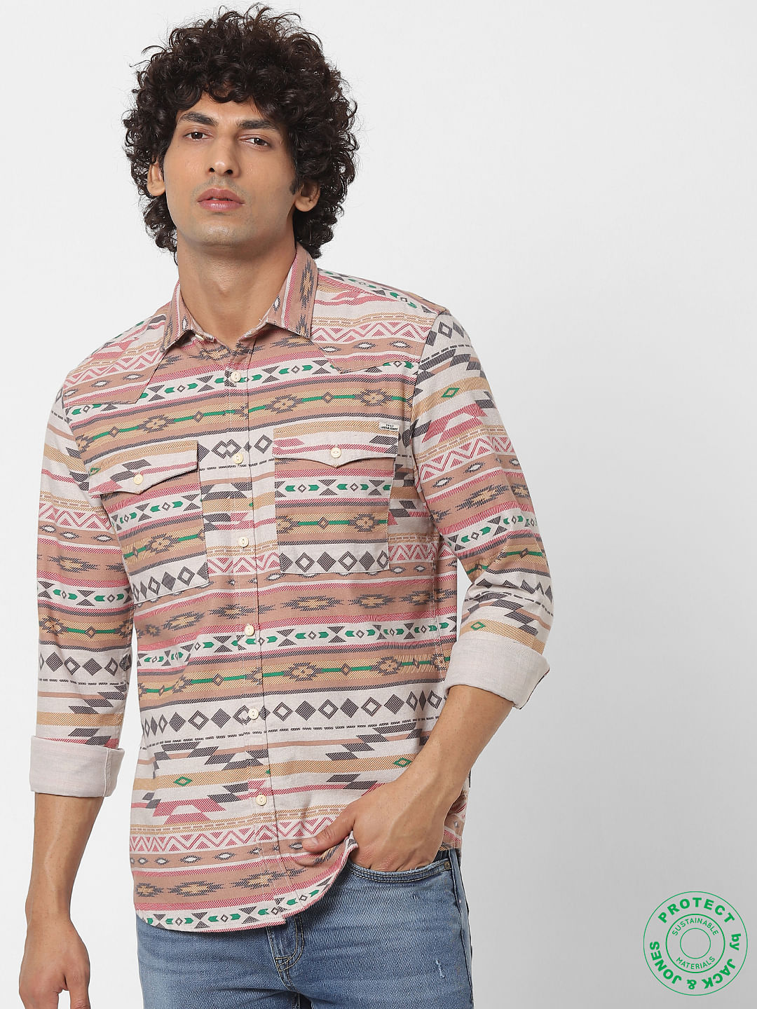 Beige Full Sleeves All Over Print Shirt - S