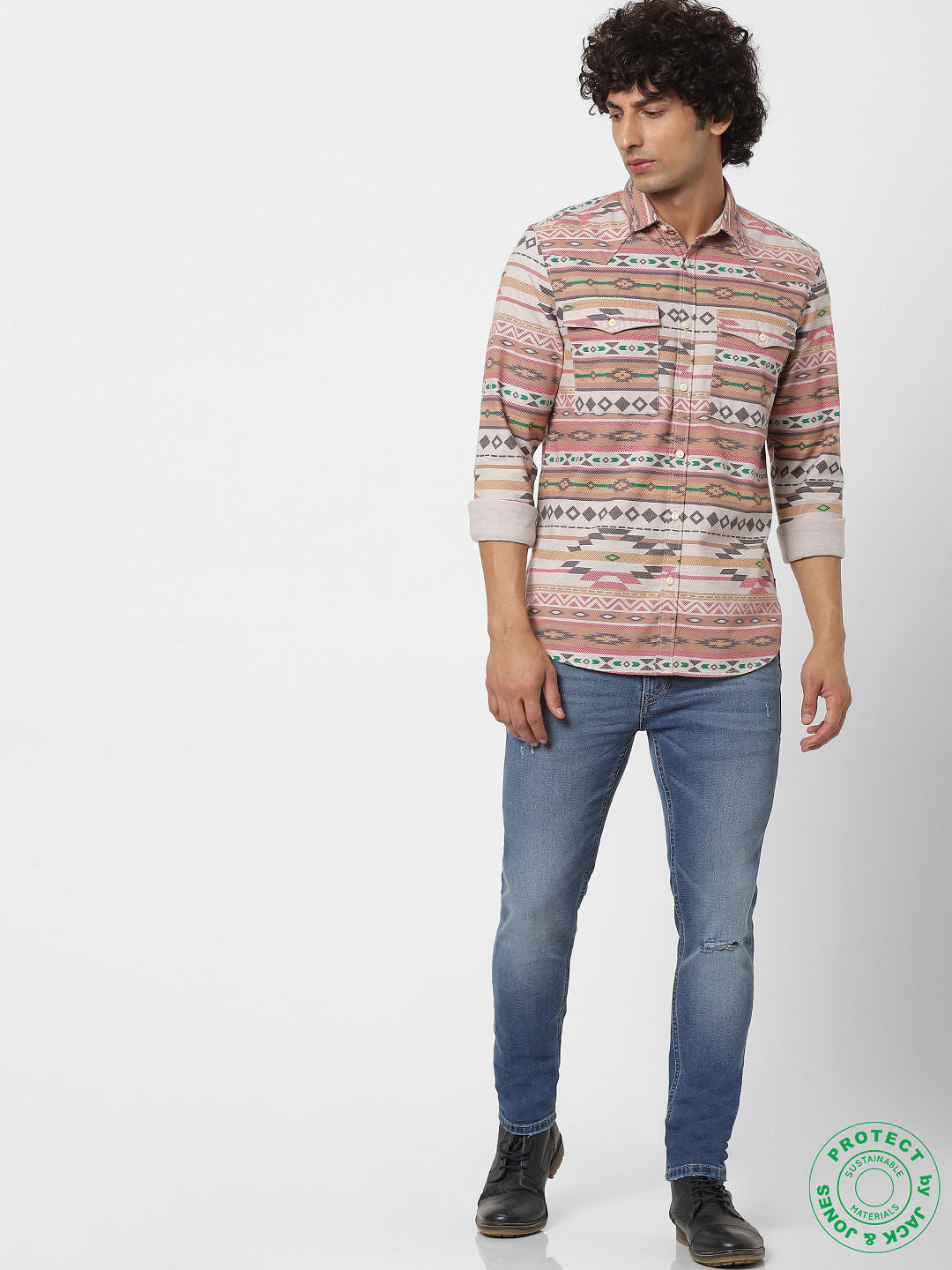 Beige Full Sleeves All Over Print Shirt