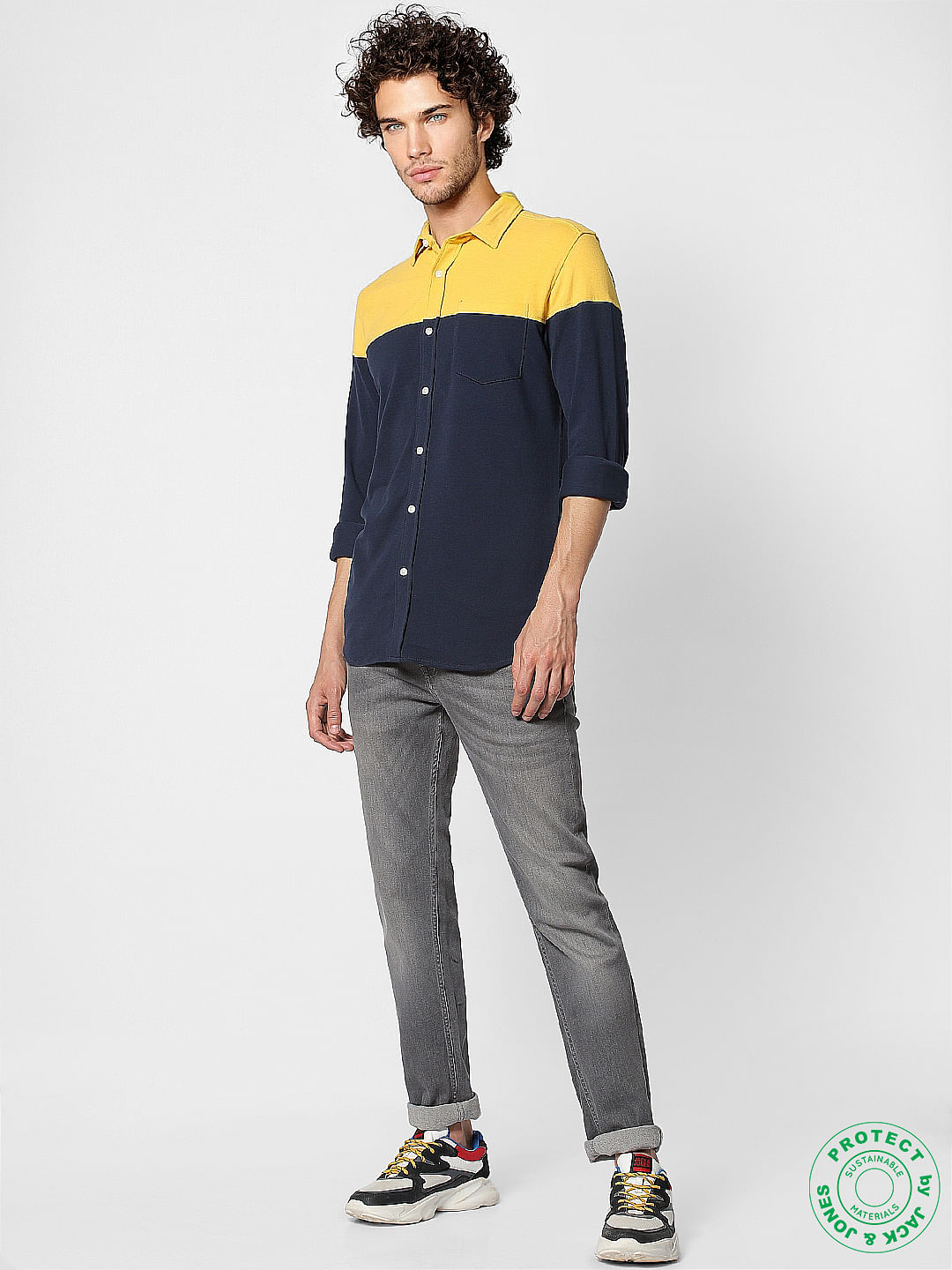 Navy Colourblocked Slim Fit Full Sleeves Shirt - S