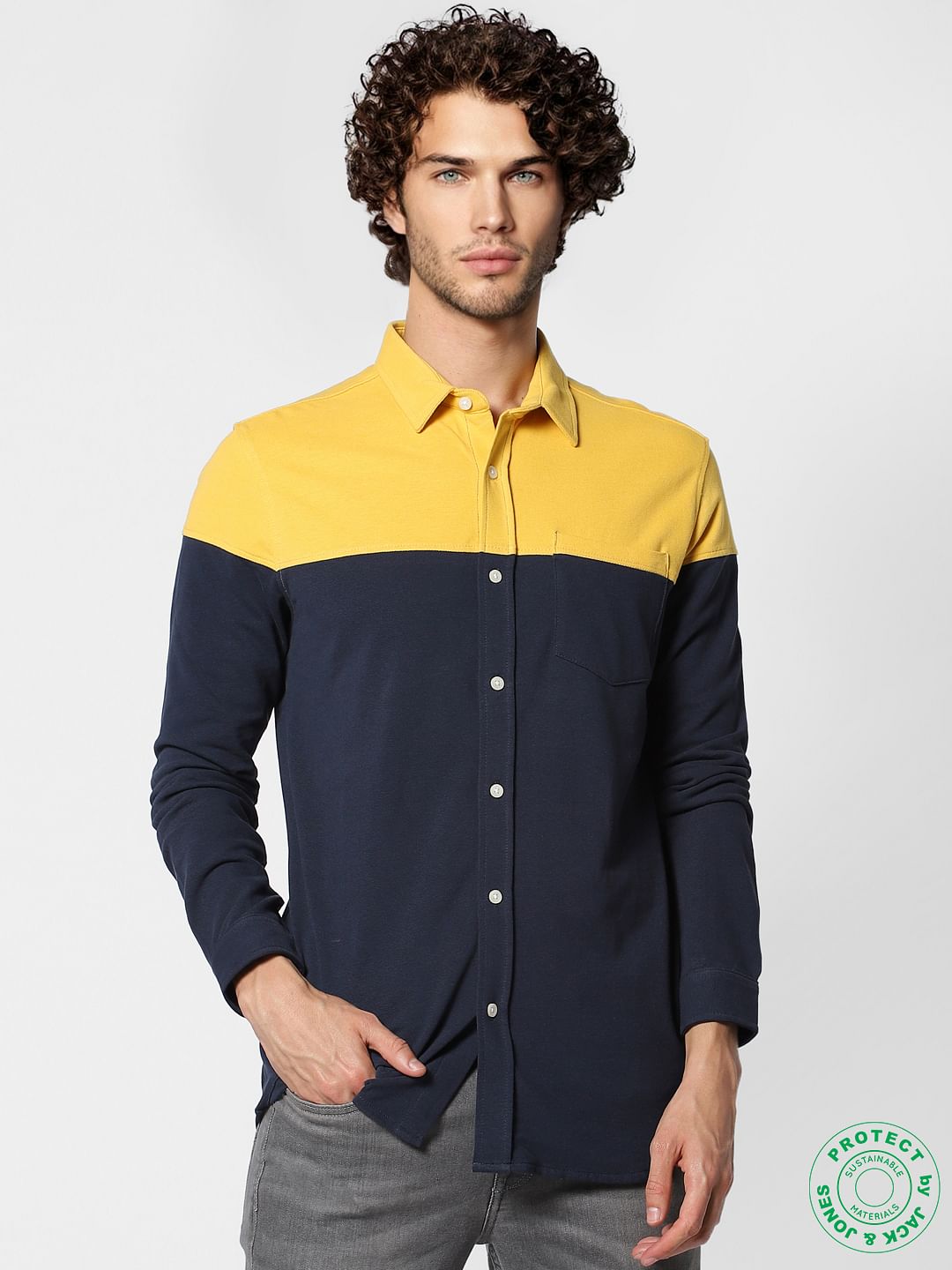 Navy Colourblocked Slim Fit Full Sleeves Shirt