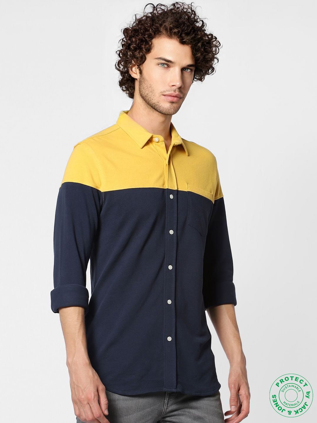 Navy Colourblocked Slim Fit Full Sleeves Shirt