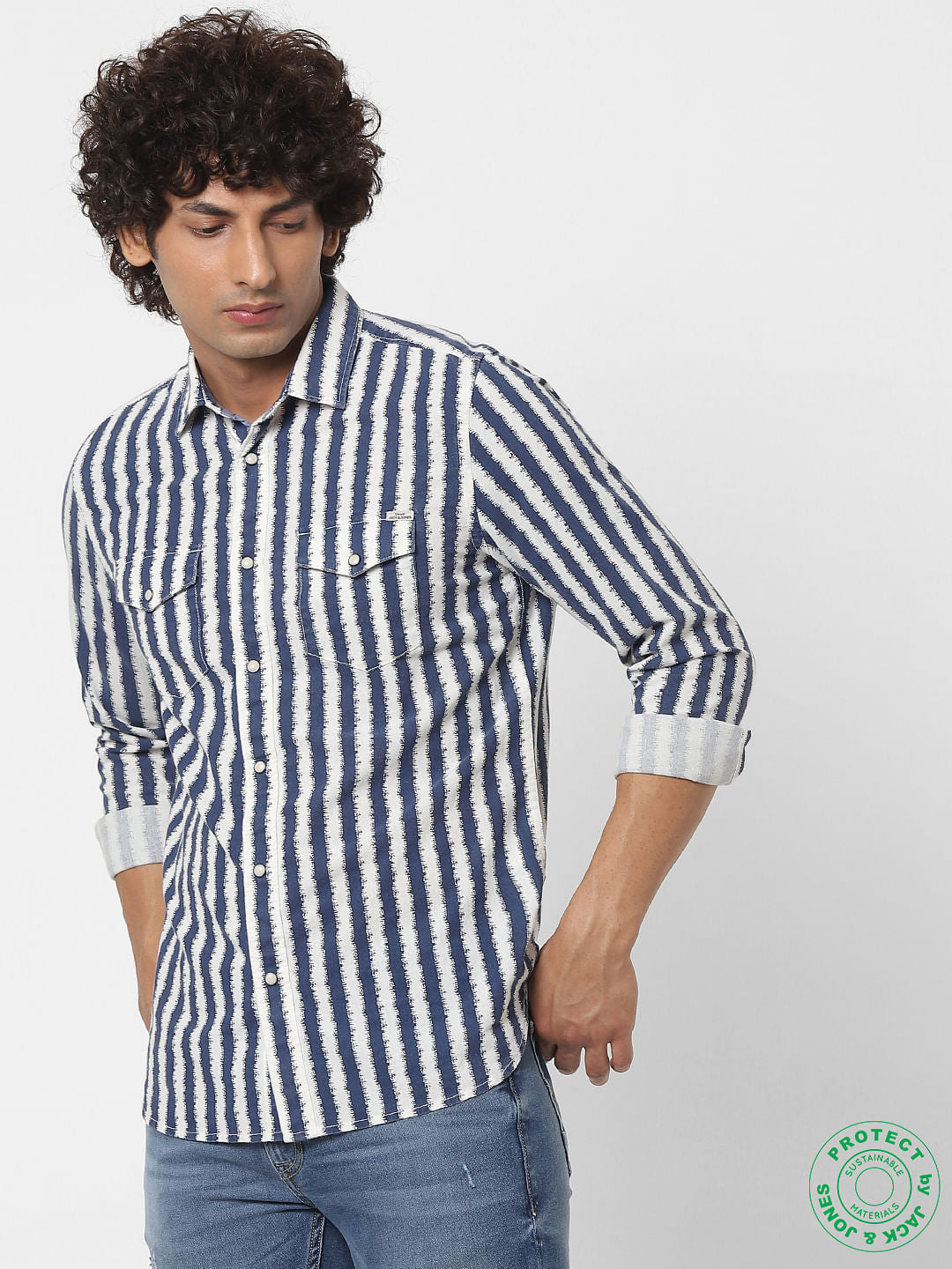 Blue Striped Full Sleeves Shirt - S