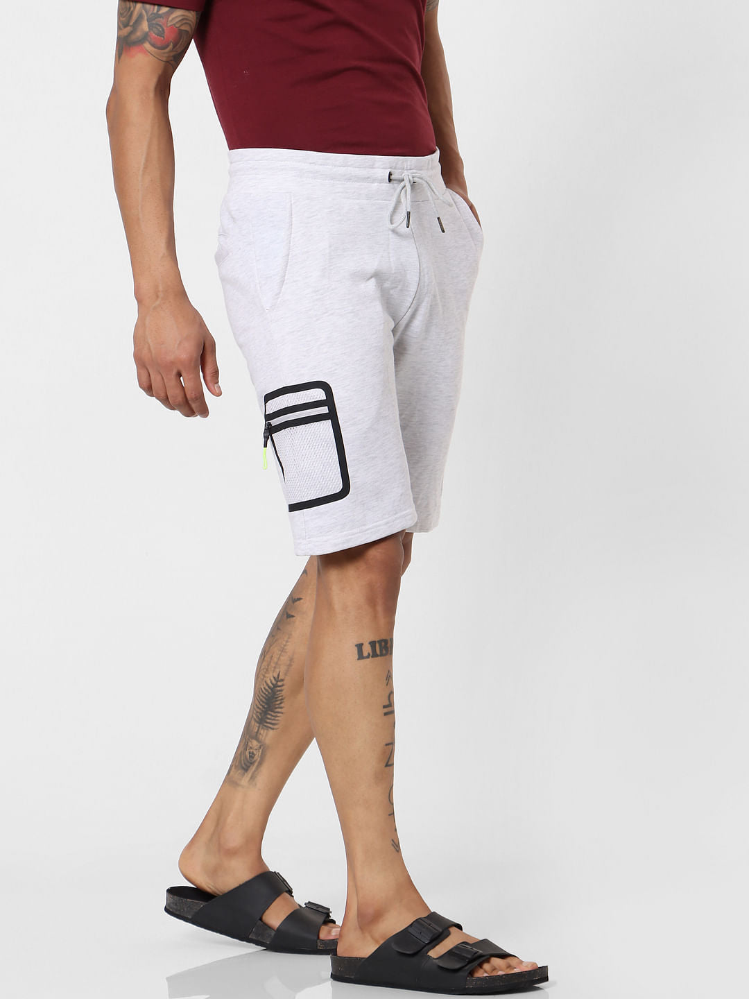 Light Grey Mid Rise Mesh Pocket Shorts