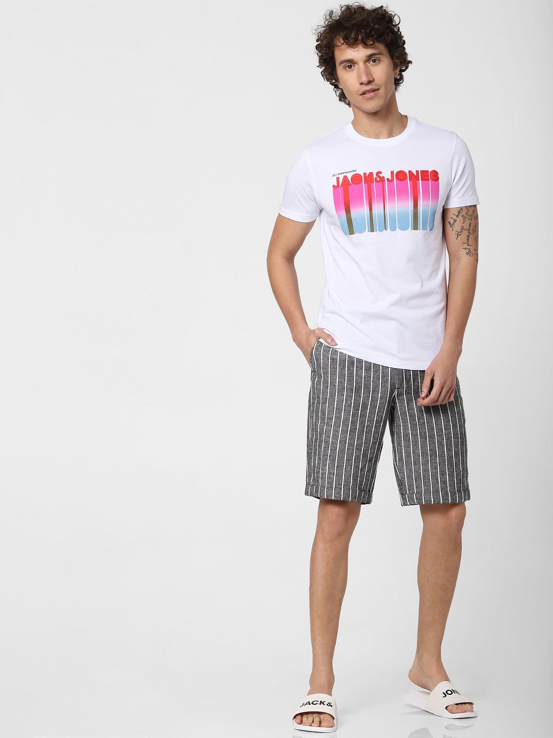 Grey Low Rise Striped Chino Shorts - S