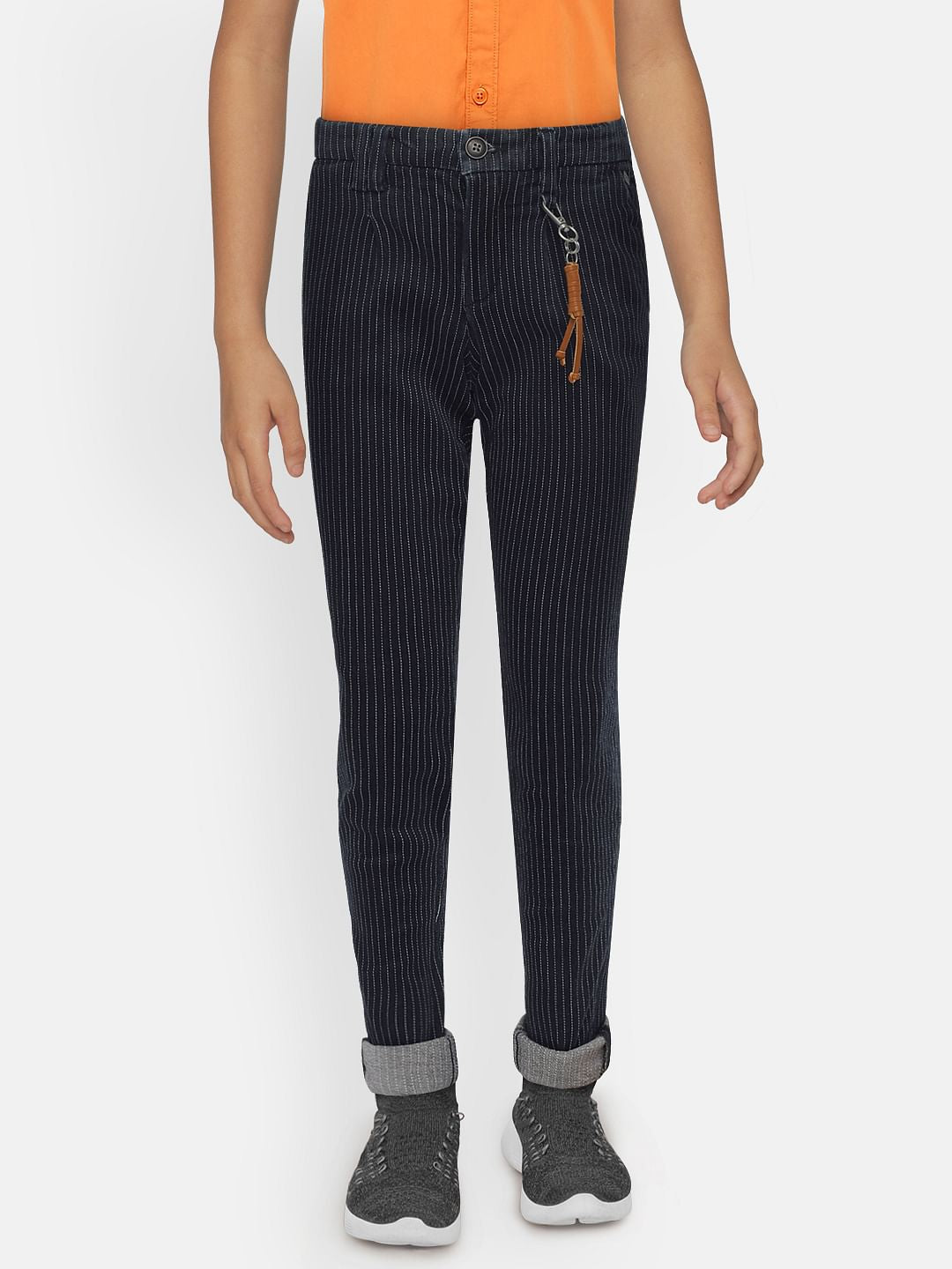 Boys Blue Mid Rise Striped Slim Jeans - 4/5Y